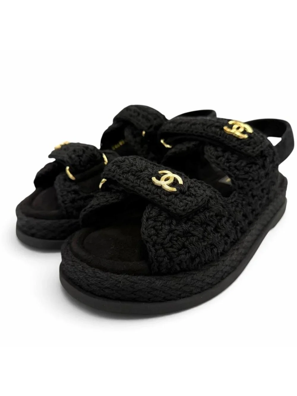 Chanel Suede Leather CC Logo Velcro Knit Sandals Black